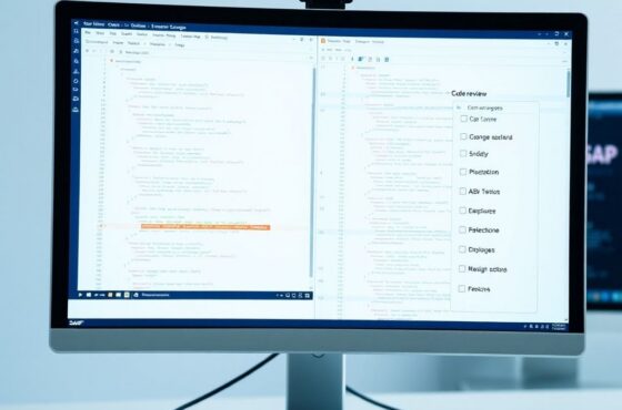 a clean modern developer workspace with dual monitors showing abap code editor with clean well stru.jpg